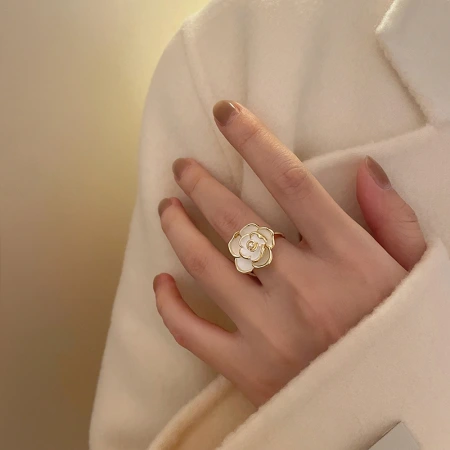 French camellia open ring for women, a retro, gentle and elegant index finger ring with a unique design and adjustable joint ring French camellia open ring for women, a retro, gentle and elegant index finger ring with a unique design and adjustable joint ring